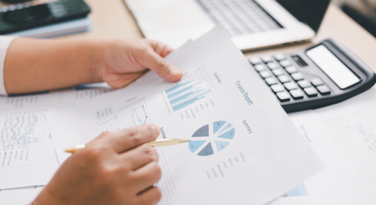 A person analysing a financial and performance report.
